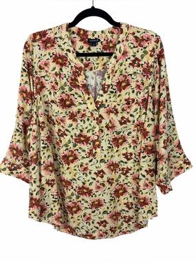 Torrid Floral Rayon Blouse Size 1 Boho Roll Tab Sleeve Lightweight Top